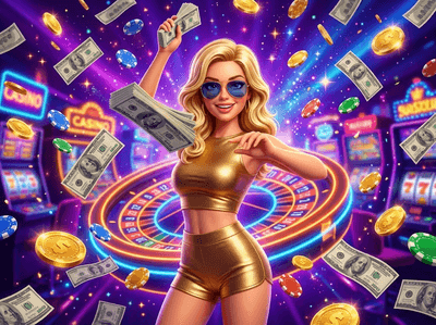 A futuristic cosmic casino environment with vibrant purple neon lights and floating gaming interfaces.